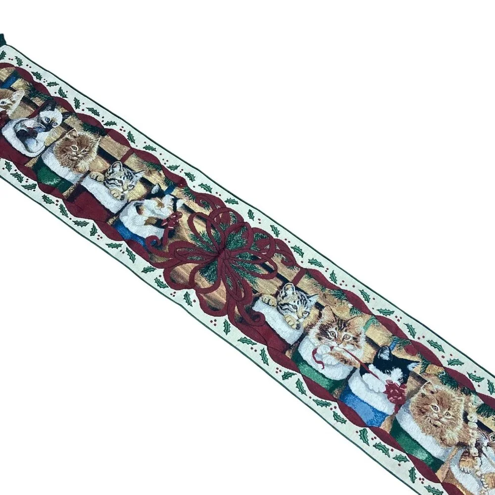 Whimsical Cozy Cats Christmas Tapestry Table Runner Kittens 13x73 Made In USA